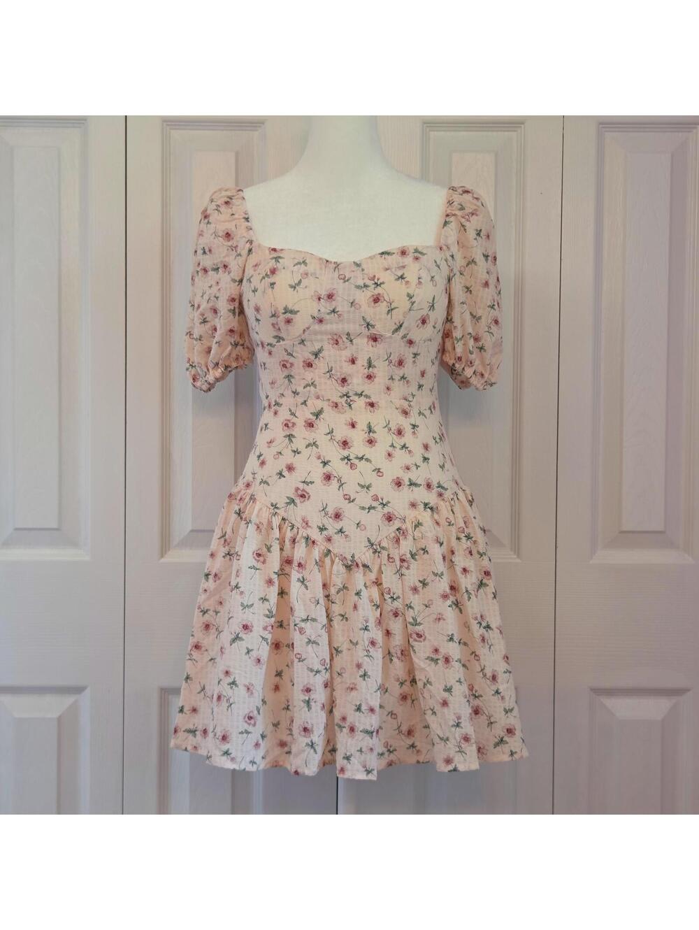 Pink Floral Puff Sleeve Drop Waist Mini Dress Size XS Cottage Prairie Coquette